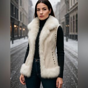 Bebe White Faux Fur Vest with Studded Trim – Size M –